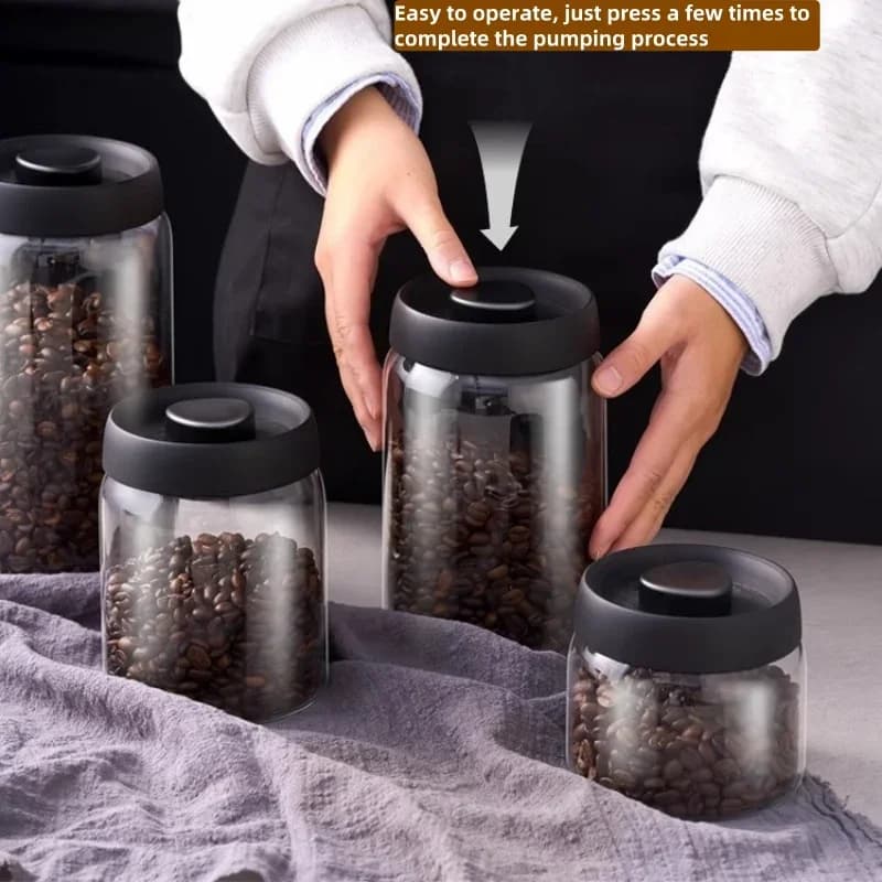 Recipient etanș din sticlă cu vid manual pentru boabe de cafea și ceai