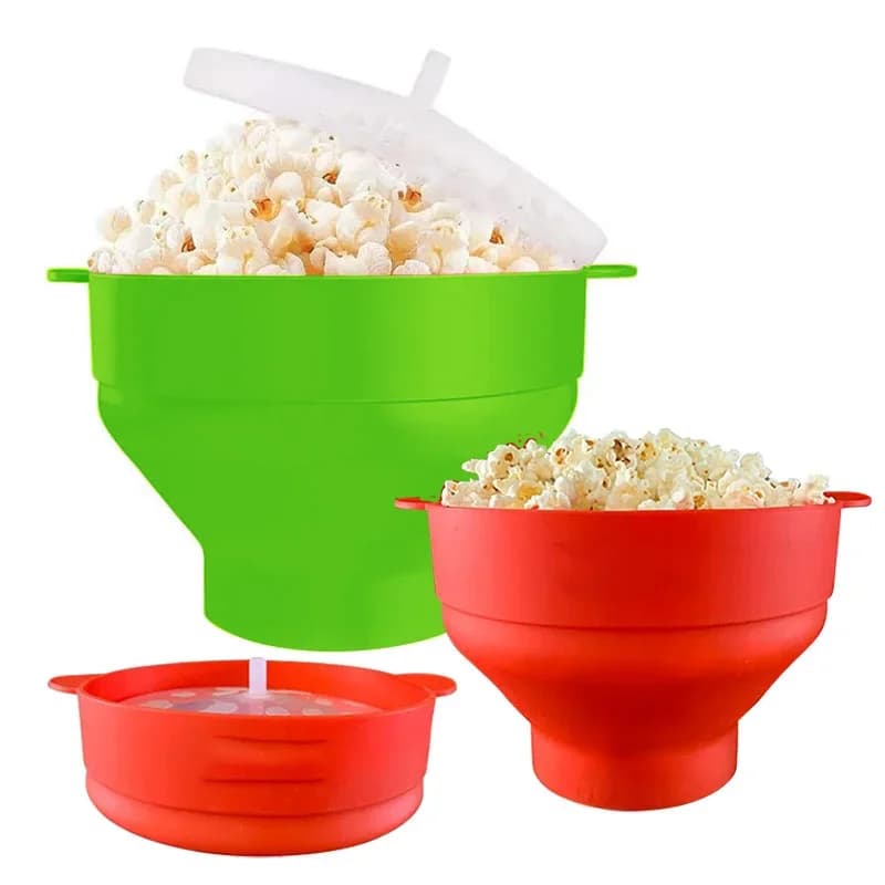 Bol pliabil din silicon cu capac pentru popcorn la microunde, fără BPA