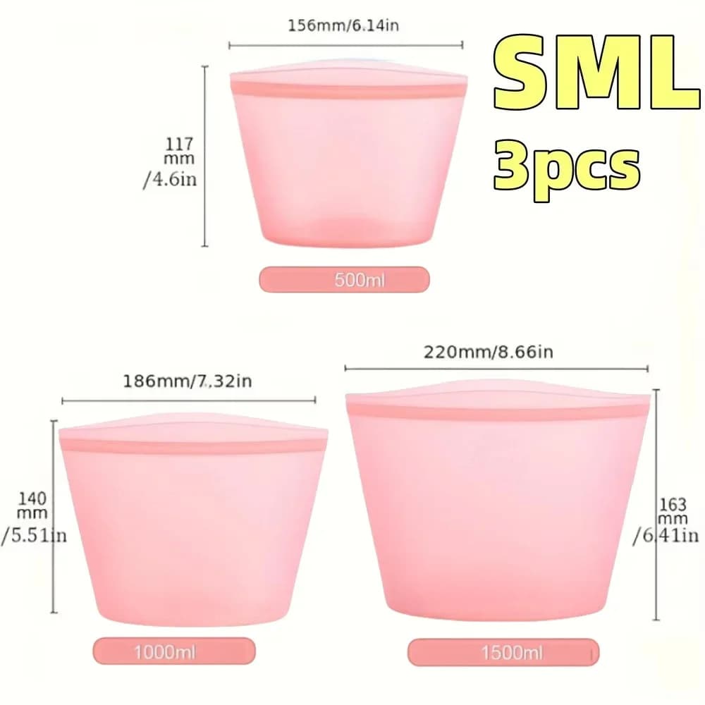 Set 1/3 pungi din silicon reutilizabile pentru alimente, pungi etanșe cu fermoar pentru frigider și congelator