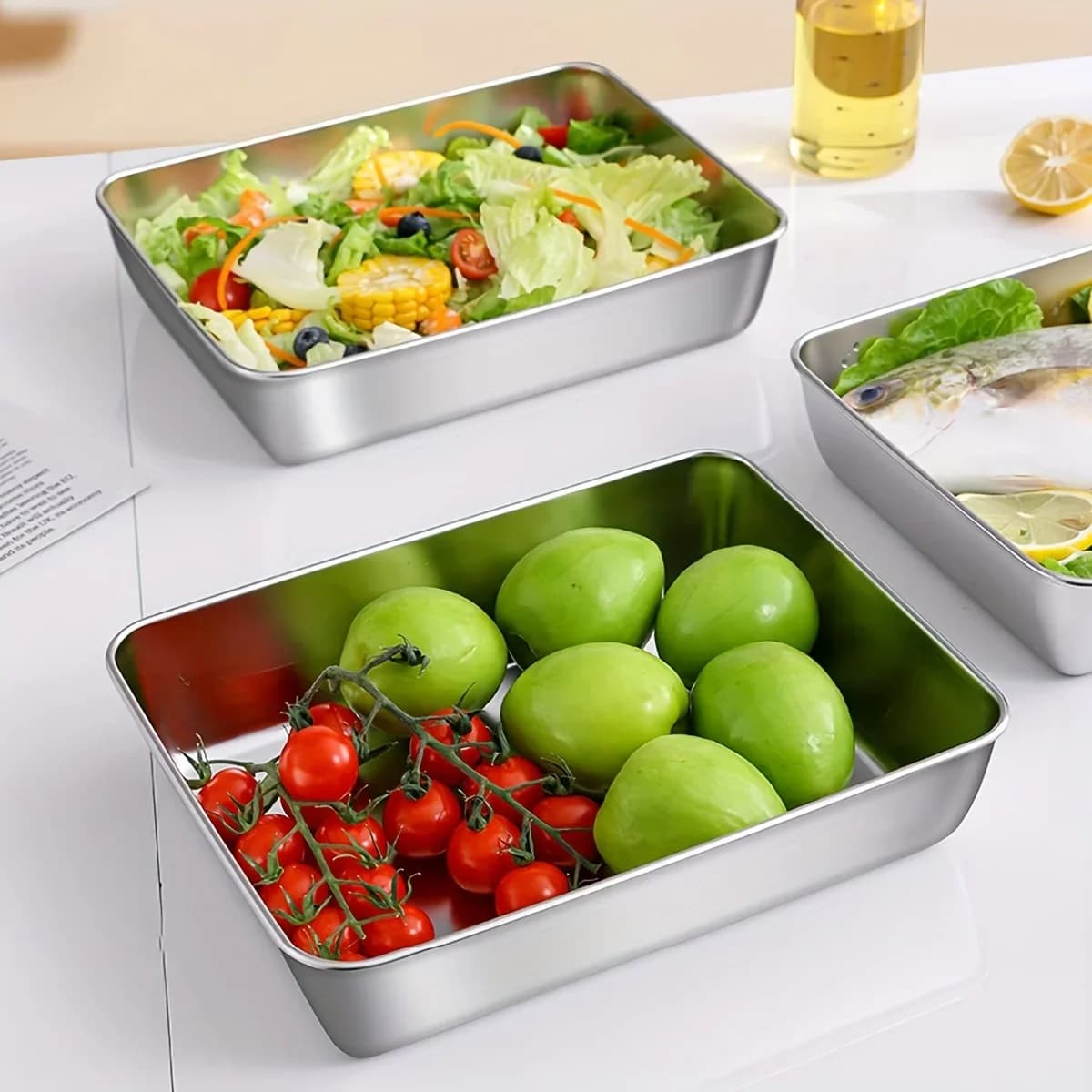 Set 3 caserole alimentare din inox, ermetice, fără BPA, pentru frigider și cămară