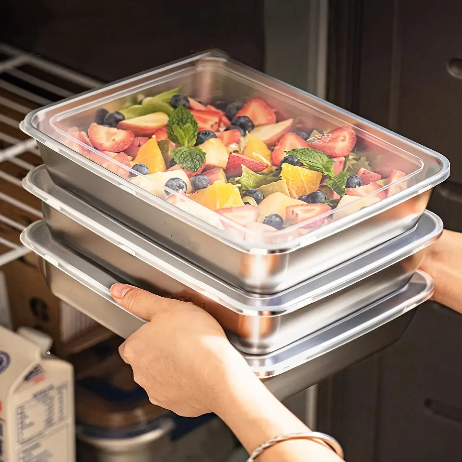 Set 3 caserole din inox cu capac transparent, etanșe și stivuibile, pentru prânz și camping