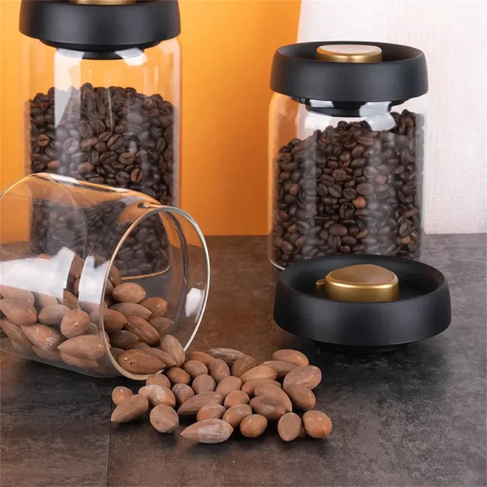 Recipient din sticlă vidat pentru boabe de cafea și alimente, ermetic și rezistent la umezeală