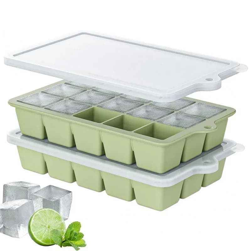 Set 2 forme de cuburi de gheață din silicon cu capac, 15 compartimente, matriță reutilizabilă pentru cocktail și cafea
