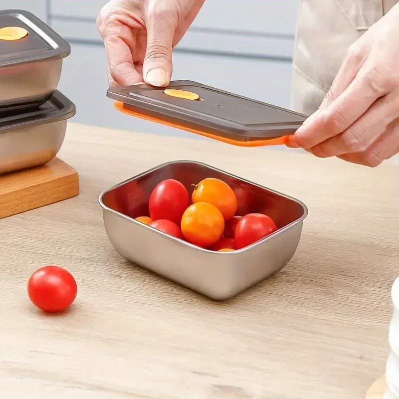 Set 4 caserole alimentare din inox, etanșe și stivuibile, fără BPA, pentru frigider și congelator