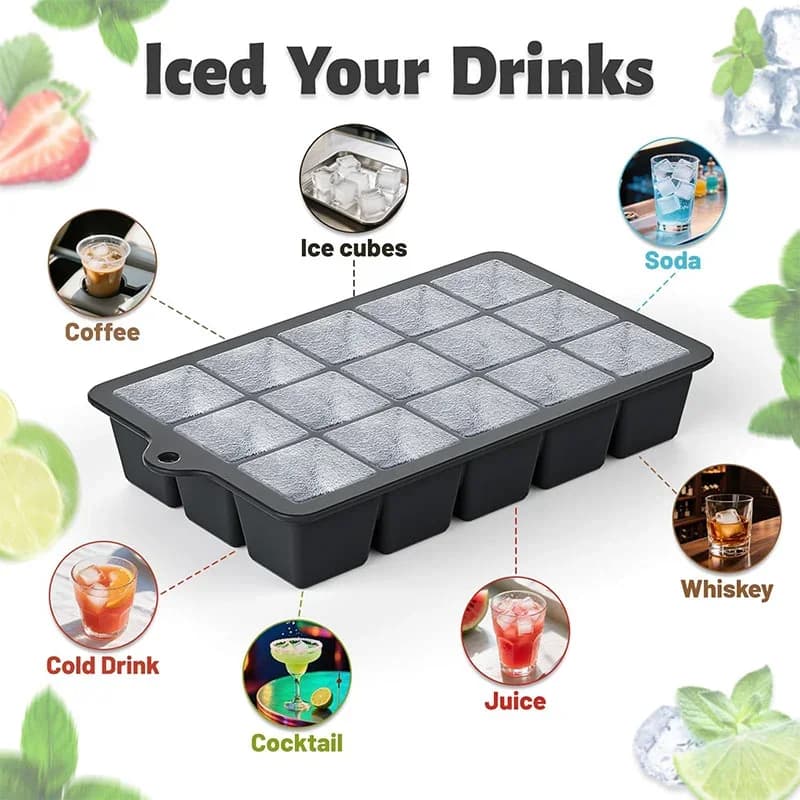 Set 2 forme de cuburi de gheață din silicon cu capac, 15 compartimente, matriță reutilizabilă pentru cocktail și cafea