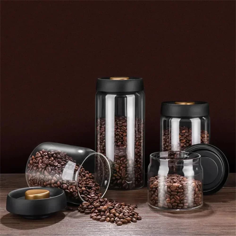 Recipient din sticlă vidat pentru boabe de cafea și alimente, ermetic și rezistent la umezeală