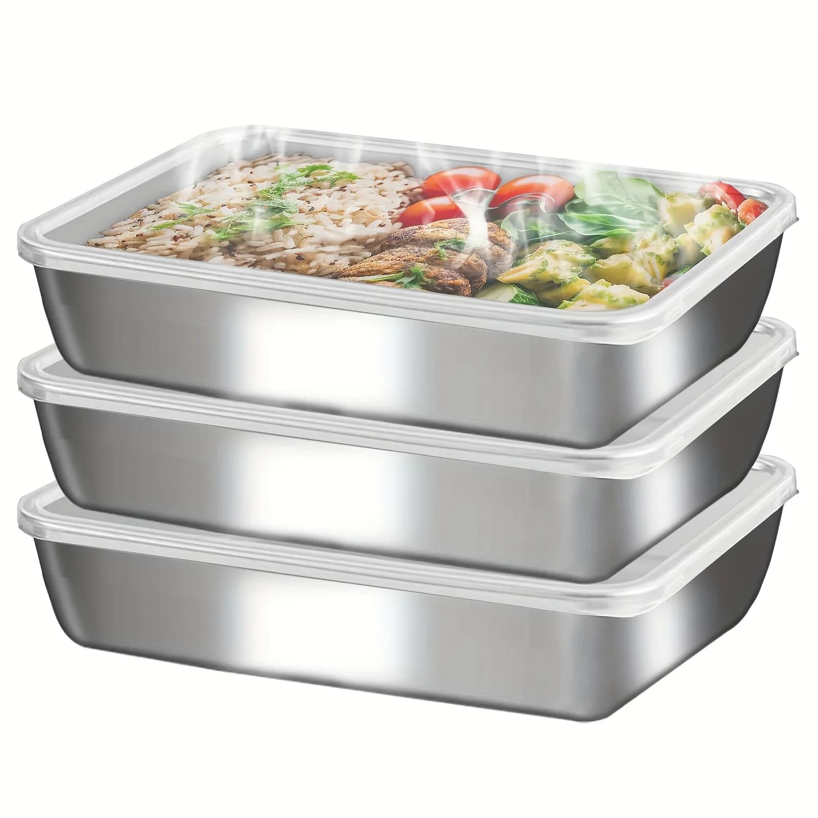 Set 3 caserole din inox cu capac transparent, etanșe și stivuibile, pentru prânz și camping