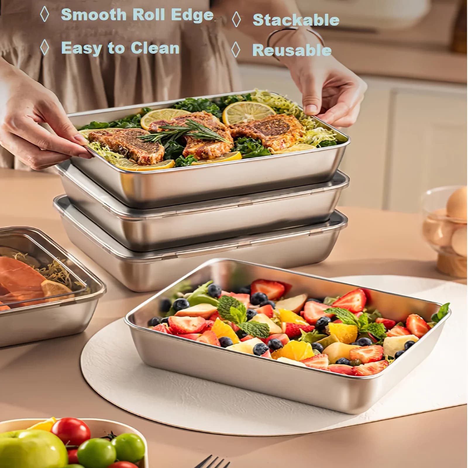 Set 3 caserole din inox cu capac transparent, etanșe și stivuibile, pentru prânz și camping