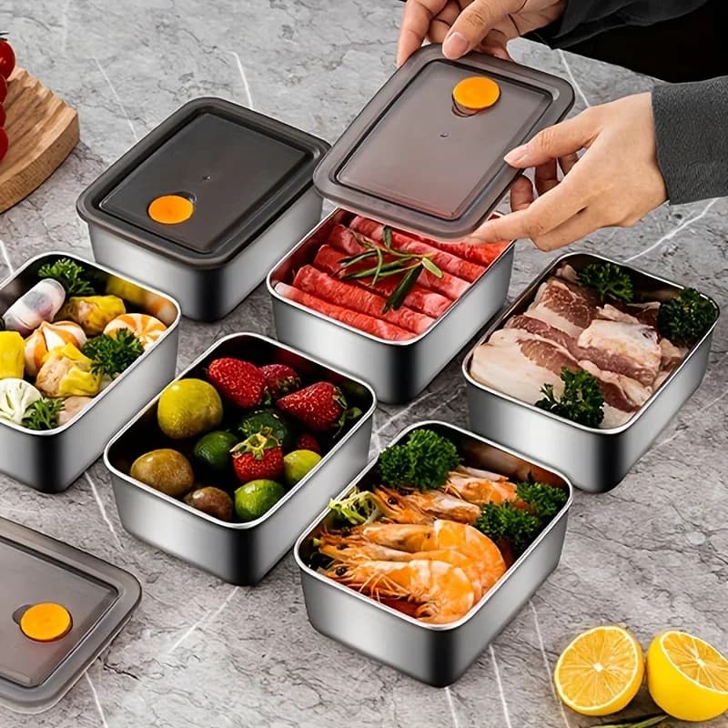 Set 4 caserole alimentare din inox, etanșe și stivuibile, fără BPA, pentru frigider și congelator