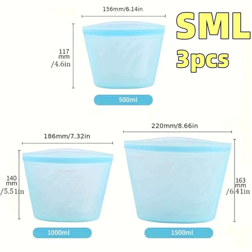 Set 1/3 pungi din silicon reutilizabile pentru alimente, pungi etanșe cu fermoar pentru frigider și congelator