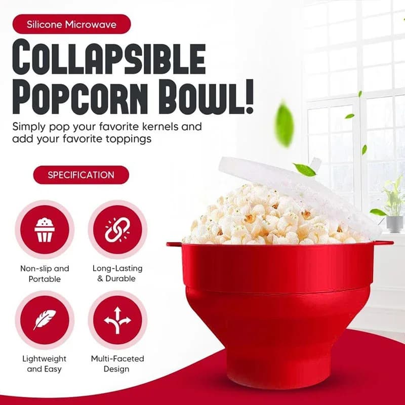 Bol pliabil din silicon cu capac pentru popcorn la microunde, fără BPA