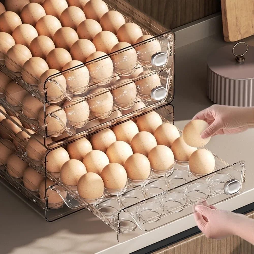 Organizator etajat pentru ouă din plastic transparent, tip sertar cu scală de timp