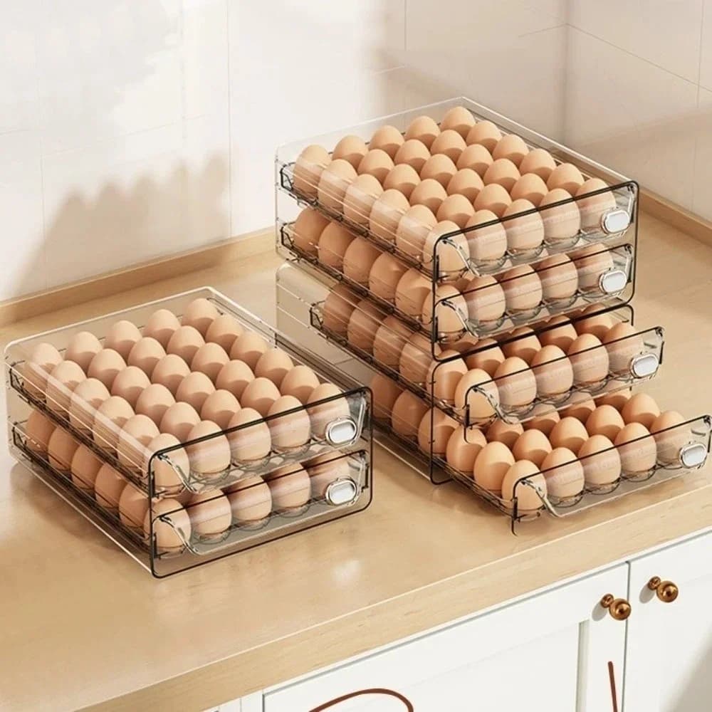 Organizator etajat pentru ouă din plastic transparent, tip sertar cu scală de timp