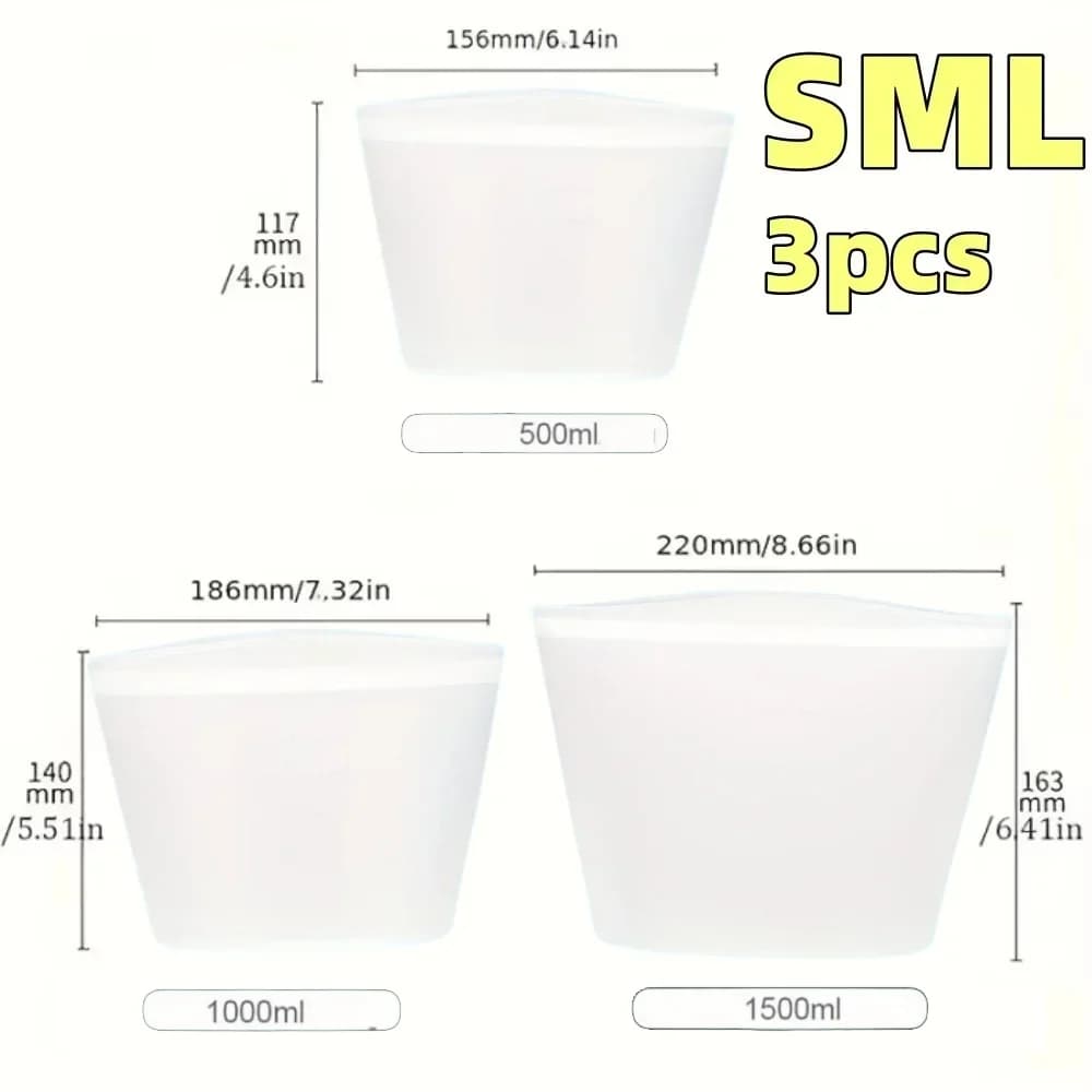 Set 1/3 pungi din silicon reutilizabile pentru alimente, pungi etanșe cu fermoar pentru frigider și congelator