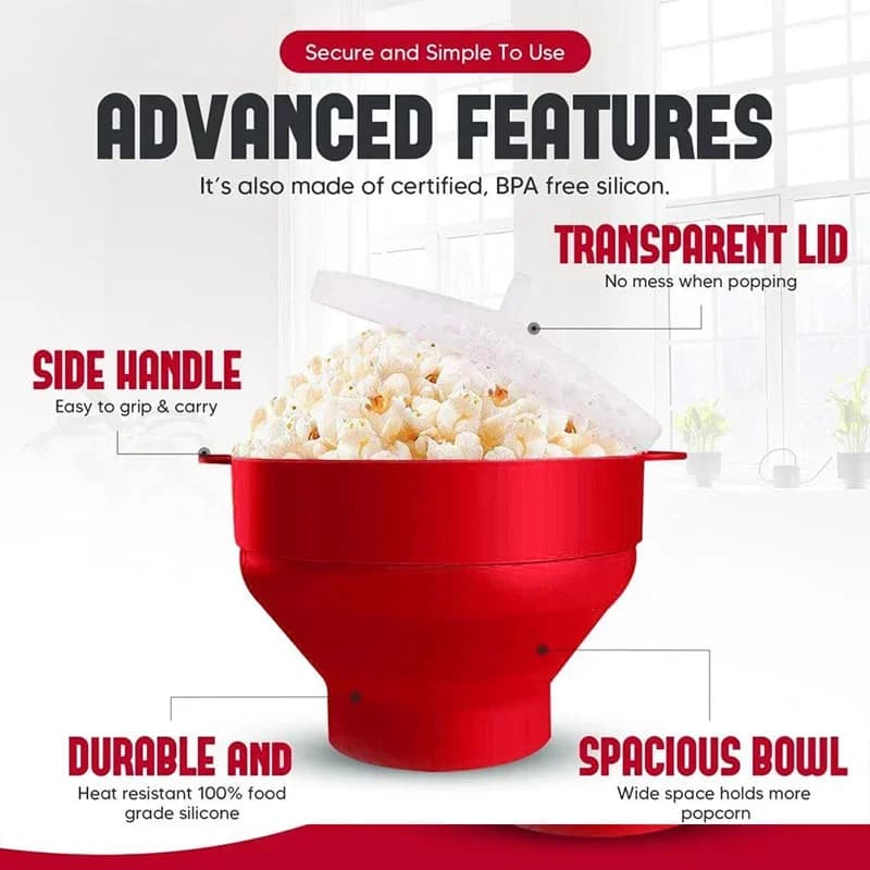 Bol pliabil din silicon cu capac pentru popcorn la microunde, fără BPA