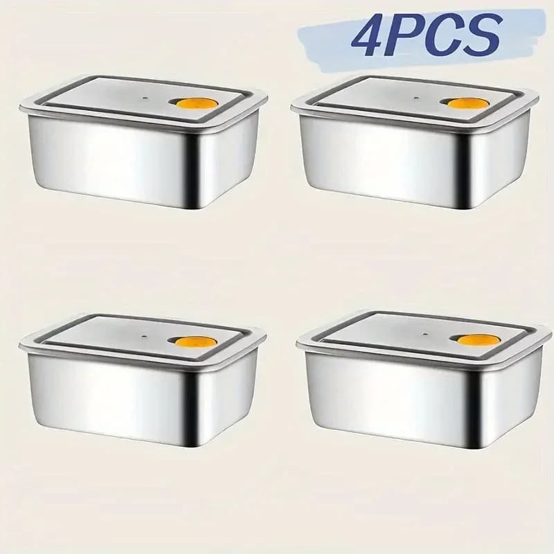 Set 4 caserole alimentare din inox, etanșe și stivuibile, fără BPA, pentru frigider și congelator