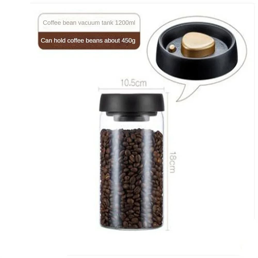Recipient din sticlă vidat pentru boabe de cafea și alimente, ermetic și rezistent la umezeală