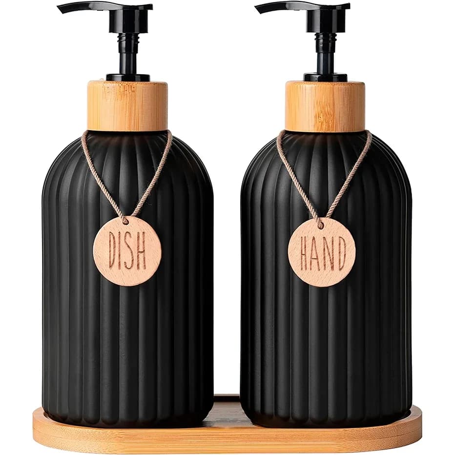 Set dispensere negre pentru detergent de vase și săpun, cu etichete pentru blat
