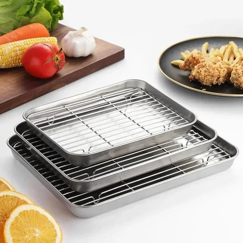 Tavă de copt din inox cu grătar pentru friptură și prăjituri