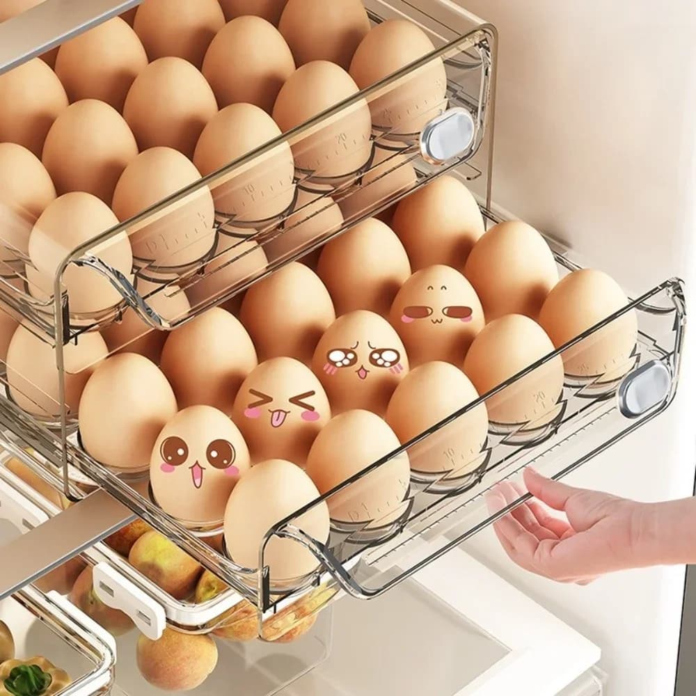 Organizator etajat pentru ouă din plastic transparent, tip sertar cu scală de timp