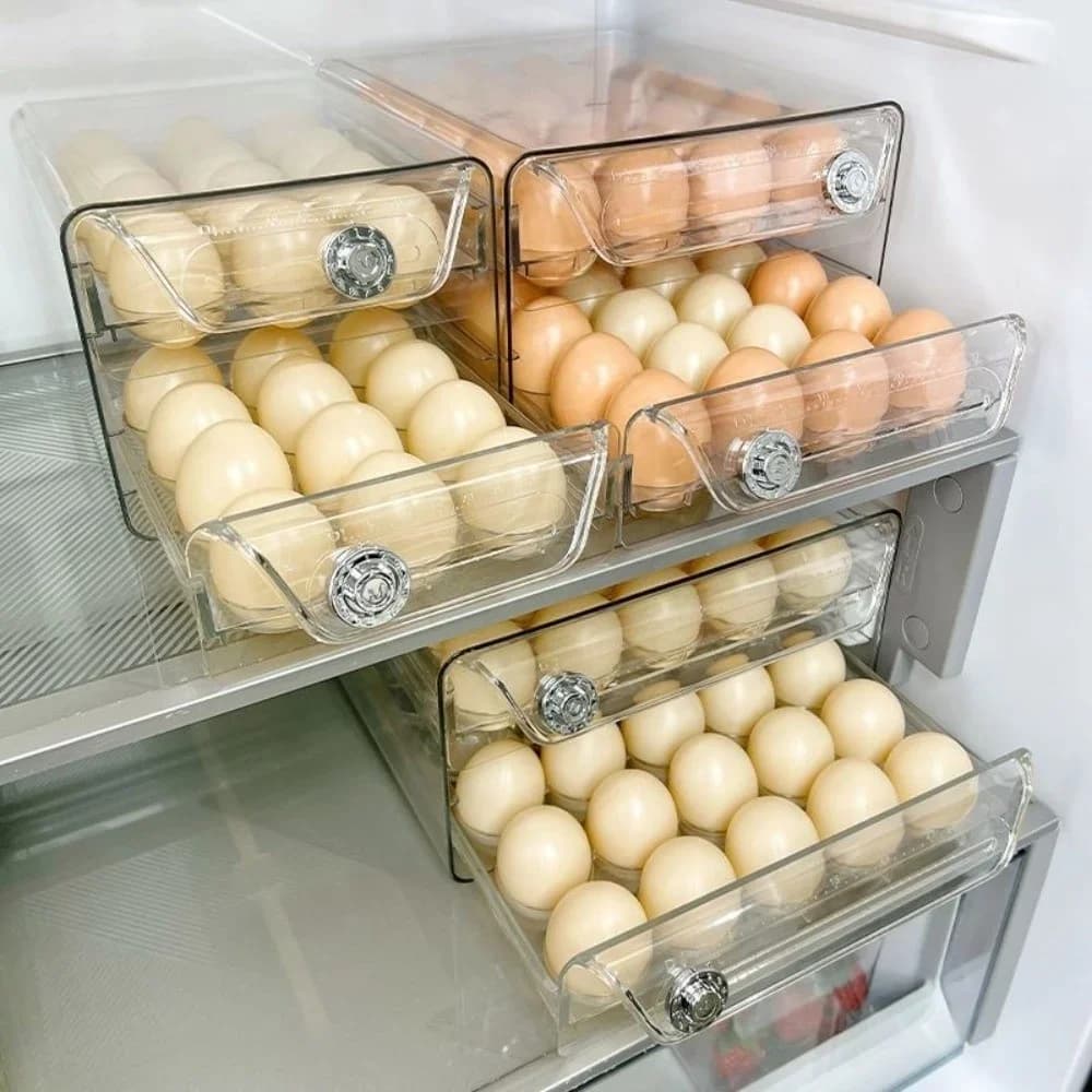 Organizator etajat pentru ouă din plastic transparent, tip sertar cu scală de timp