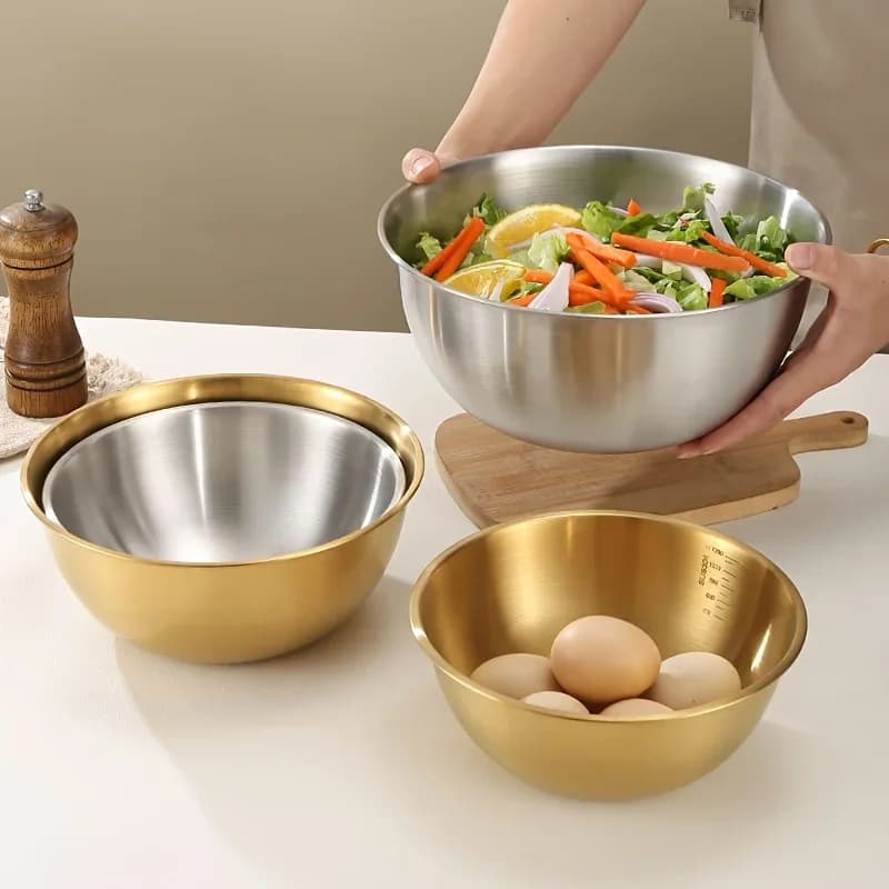 Set 3 boluri din inox pentru amestecare, bol mare pentru salată și frământat aluat
