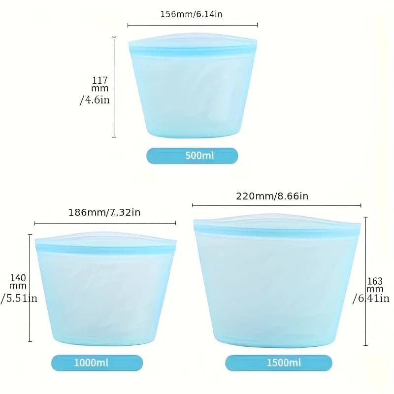 Set 1/3 pungi din silicon reutilizabile pentru alimente, pungi etanșe cu fermoar pentru frigider și congelator
