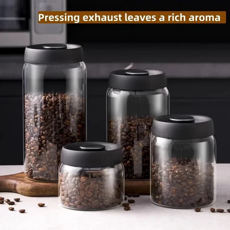 Recipient etanș din sticlă cu vid manual pentru boabe de cafea și ceai