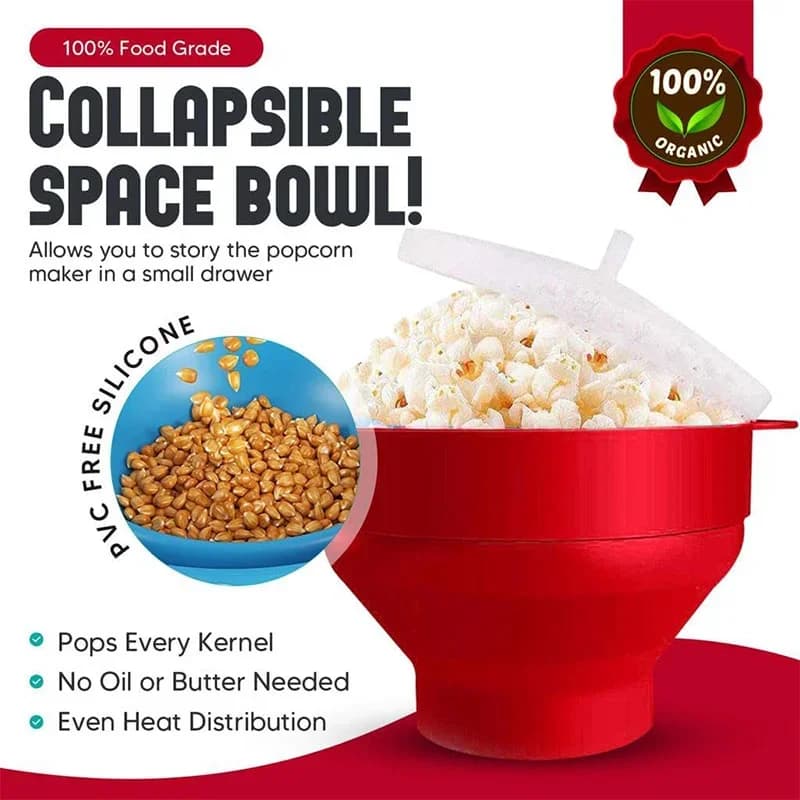 Bol pliabil din silicon cu capac pentru popcorn la microunde, fără BPA