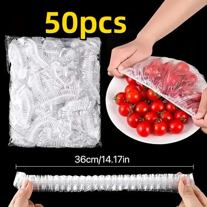 Set 50 capace elastice reutilizabile din PE pentru alimente - Capace extensibile din plastic pentru pâine, fructe, gustări